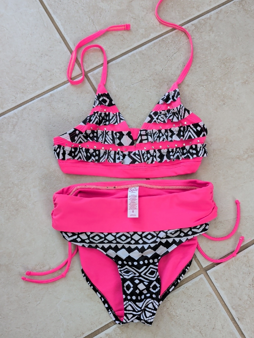 Justice Girls Size 8  Hot Pink & Black Tribal Two-Piece Bikini